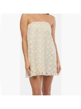White strapless floral lace dress with pockets